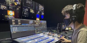 Student from Canadore College operating the Clear-Com comms system.