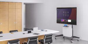 Mockup of Salamander Designs Cisco Webex Certified FPS stand in a conference room.