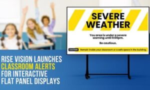 Poster for Rise Vision's new feature. The background features blurred students while the foreground features a display showing a severe weather alert.