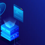 Garter infrastructure trends. Data center concept based isometric design, illustration of main server connected with cloud server on glossy blue background.