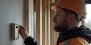 construction worker working on thermostat, IoT devices, campus networks, data breaches