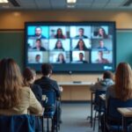 Students attend hybrid classroom session. Students in person others join virtually on large screen. Blended learning environment clearly visible. Students listen attentively. Modern education