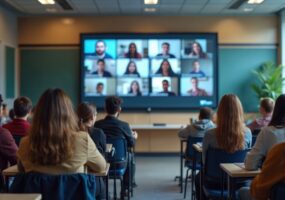 Students attend hybrid classroom session. Students in person others join virtually on large screen. Blended learning environment clearly visible. Students listen attentively. Modern education