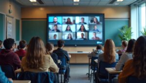 Students attend hybrid classroom session. Students in person others join virtually on large screen. Blended learning environment clearly visible. Students listen attentively. Modern education